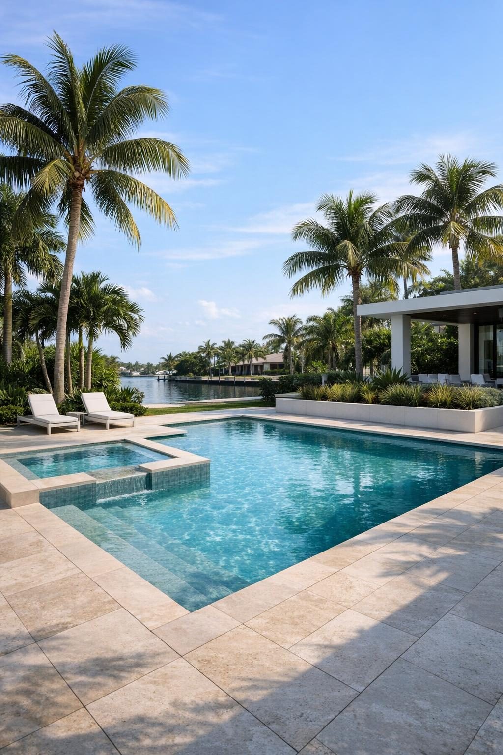 a completed pool with palm trees